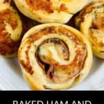 A plate of golden-brown Ham and Cheese Roll Ups, displayed in a close-up view with gooey melted cheese and fresh herbs visible.