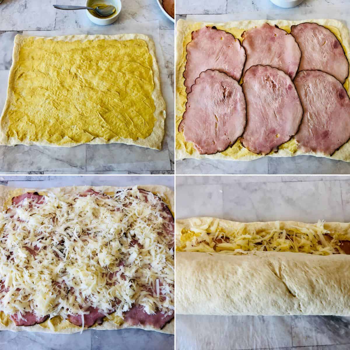 Four-step collage showing Ham and Cheese Roll Ups: dough brushed with egg wash, layered with ham slices, topped with shredded cheese, then rolled into a log for baking.