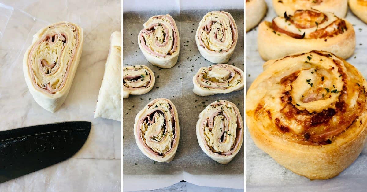 Three-step process of making Ham and Cheese Roll Ups: rolled dough being sliced, pinwheels arranged on a baking sheet, and baked roll ups garnished with herbs.