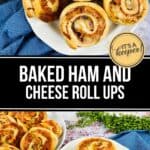 Plates of Ham and Cheese Roll Ups are displayed on a table with a blue cloth, featuring golden-brown swirled pastry rolls filled with savory ham and cheese.