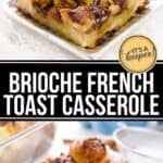 A square slice of Brioche French Toast Casserole sits on a plate, showing a golden, baked top with swirls of chocolate and creamy egg custard.