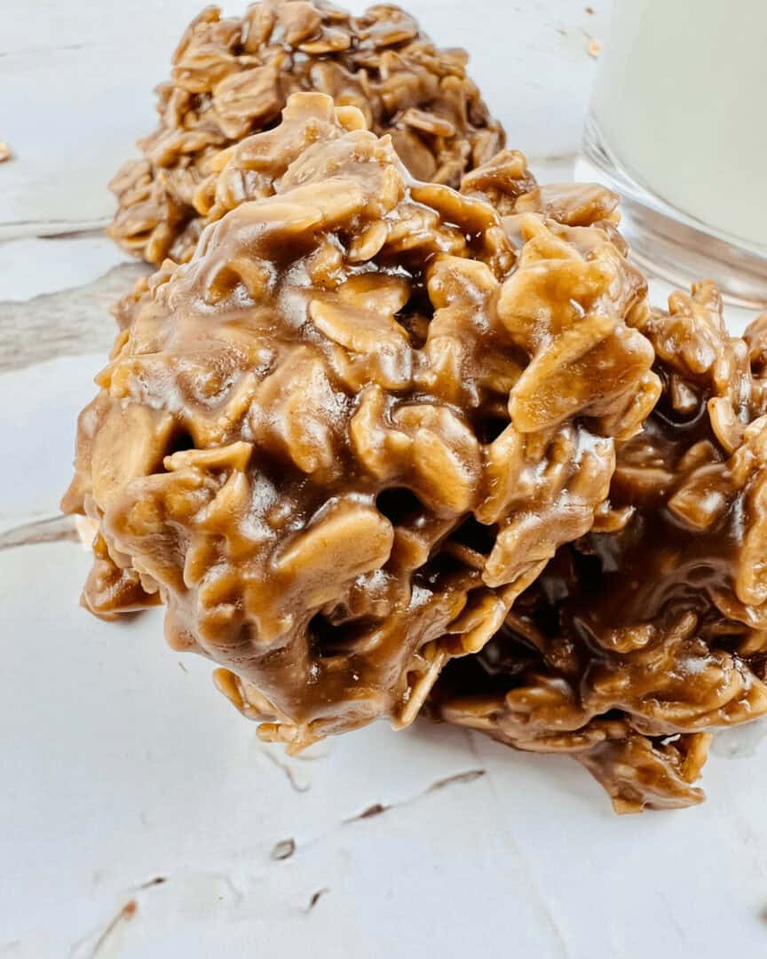 Chocolate Peanut Butter Oatmeal Cookies stacked high.