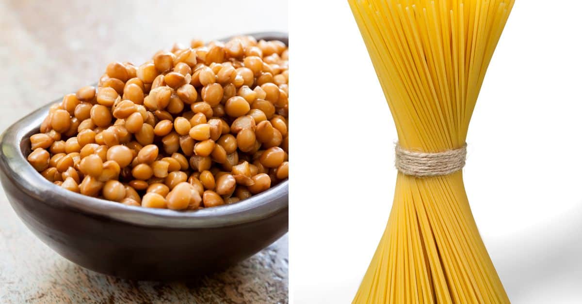 Split image showing cooked lentils in a brown bowl on the left, and a bundle of pasta tied with twine on the right.