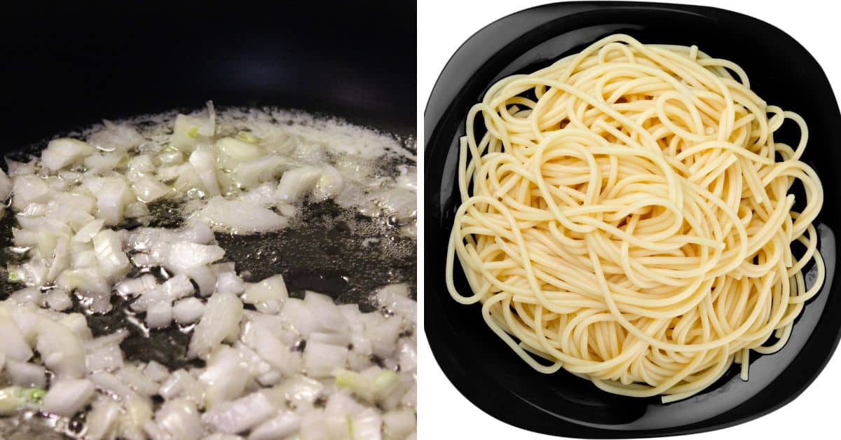 Left: chopped onions frying in a pan. Right: a plate of cooked pasta.