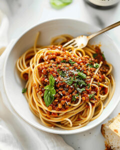 A bowl of lentils and pasta topped with tomato sauce, lentils, basil, and grated cheese, served with a side of bread.