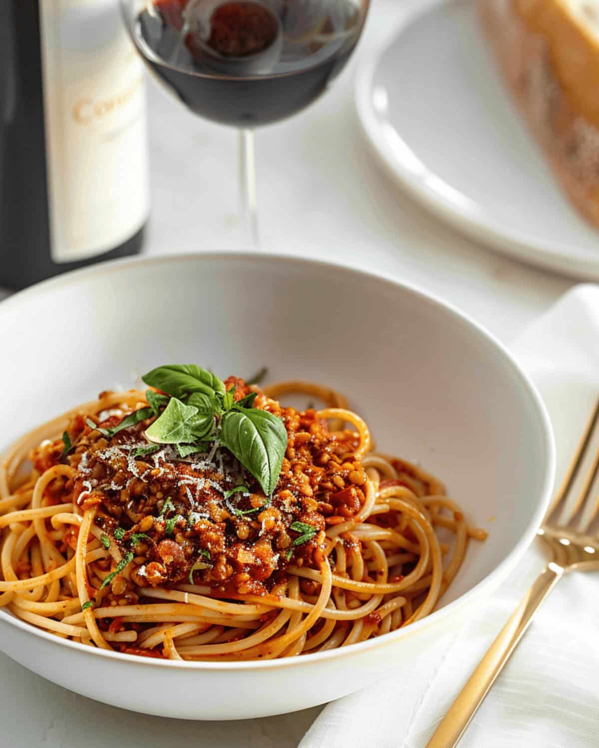 A plate of lentils and spaghetti Bolognese garnished with basil leaves, served with a glass of red wine and bread in the background, now includes lentils in the sauce.