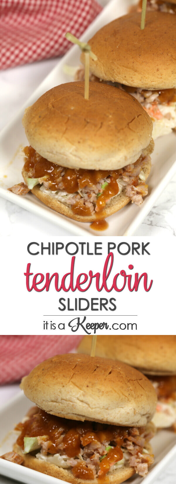 Chipotle Pork Tenderloin Sliders - this easy sandwich recipe is topped with chipotle slaw and a luscious peach bbq sauce