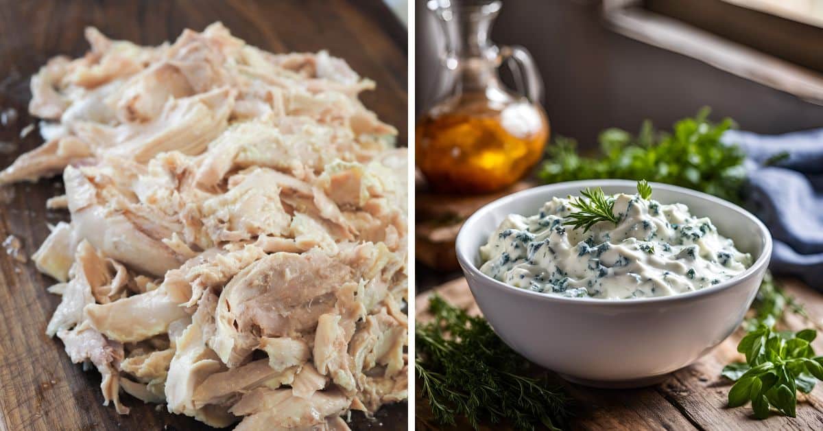Left: Shredded chicken on a wooden surface, ready to be transformed into flavorful buffalo chicken sliders. Right: A bowl of creamy spinach dip garnished with herbs, perfect for pairing.