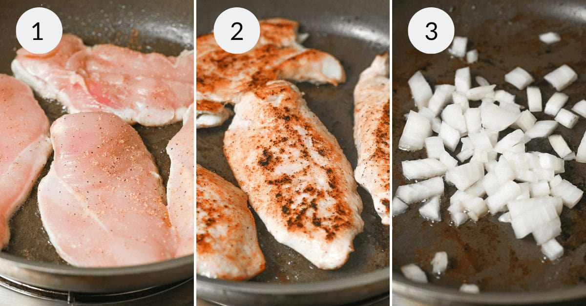 Image sequence shows three steps in cooking Lemon Garlic Chicken: 1. Raw seasoned chicken breasts in a frying pan. 2. The chicken breasts being cooked with a browned surface. 3. Chopped onions in another frying pan.