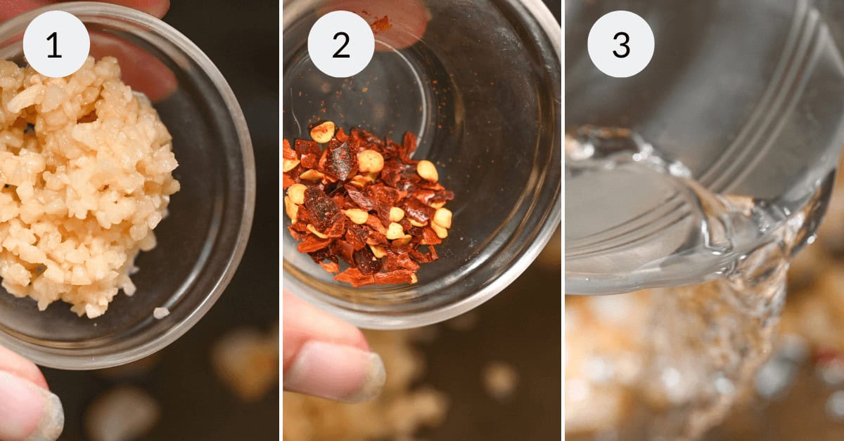A three-step process: 1) Minced garlic in a small bowl, 2) Red pepper flakes in another bowl, 3) Water being poured from above for the Lemon Garlic Chicken preparation.