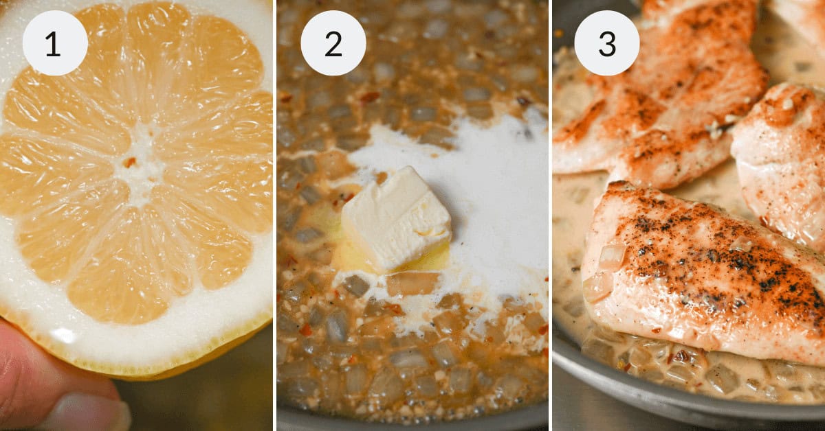 A three-step image recipe: 1) Close-up of a lemon half. 2) Butter, cream, and garlic being added to a pan. 3) Cooked chicken fillets in a creamy sauce.