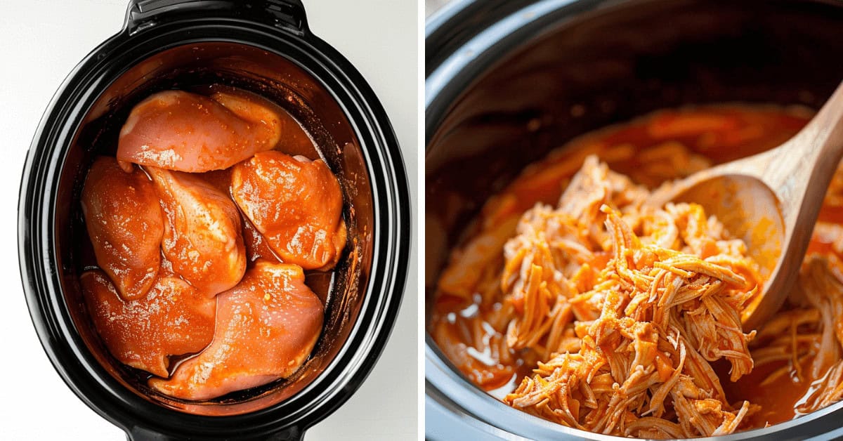 Buffalo chicken sliders cooking slowly transform from raw to perfectly shredded. On the left, the chicken absorbs flavorful sauce in a slow cooker; on the right, it's stirred with a wooden spoon into tender goodness, ready to be loaded onto soft slider buns for a tasty delight.