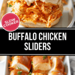 Buffalo chicken sliders feature succulent shredded chicken and tangy sauce, garnished with fresh parsley, all nestled in soft buns on a serving tray.