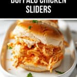 Buffalo chicken sliders, perfectly spiced, topped with fresh herbs on a white plate, sit invitingly beneath a banner that reads "Slow Cooker Buffalo Chicken Sliders.