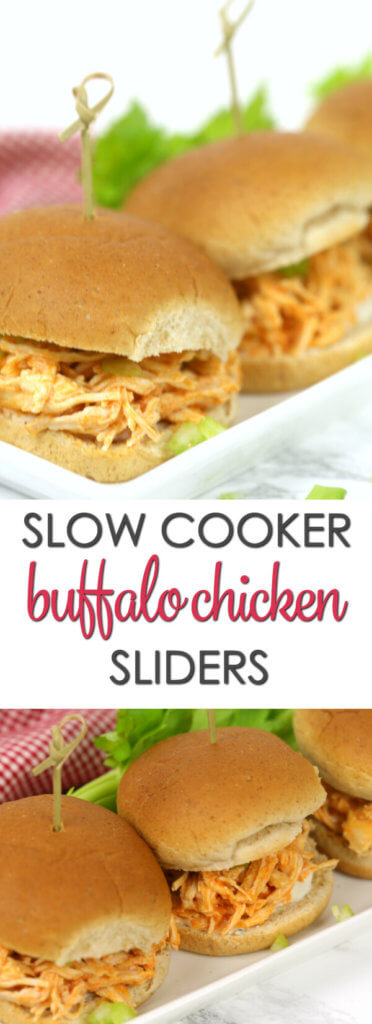 Slow Cooker Buffalo Chicken Sliders on a white plate. 