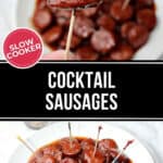 A vertical image showing two plates of glazed slow cooker cocktail sausages with toothpicks, labeled "Slow Cooker Cocktail Sausages.