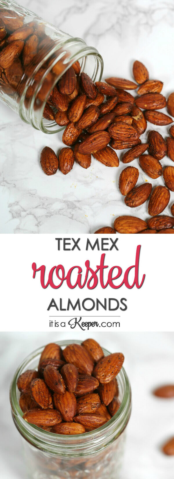Top Photo: Tex Mex Roasted Almonds spilled on a marble table from a glass. Bottom Photo: Tex Mex Roasted Almonds in a tall glass.  
