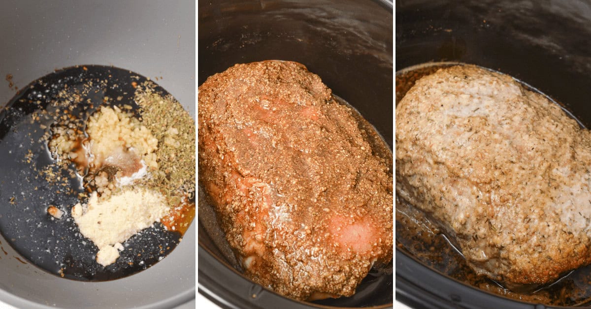 Three images illustrate the crock pot process: ingredients at the bottom, a raw pork tenderloin with spices, and the tender, cooked result.