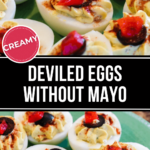 A plate of deviled eggs without mayo, garnished with red pepper, branded as creamy.