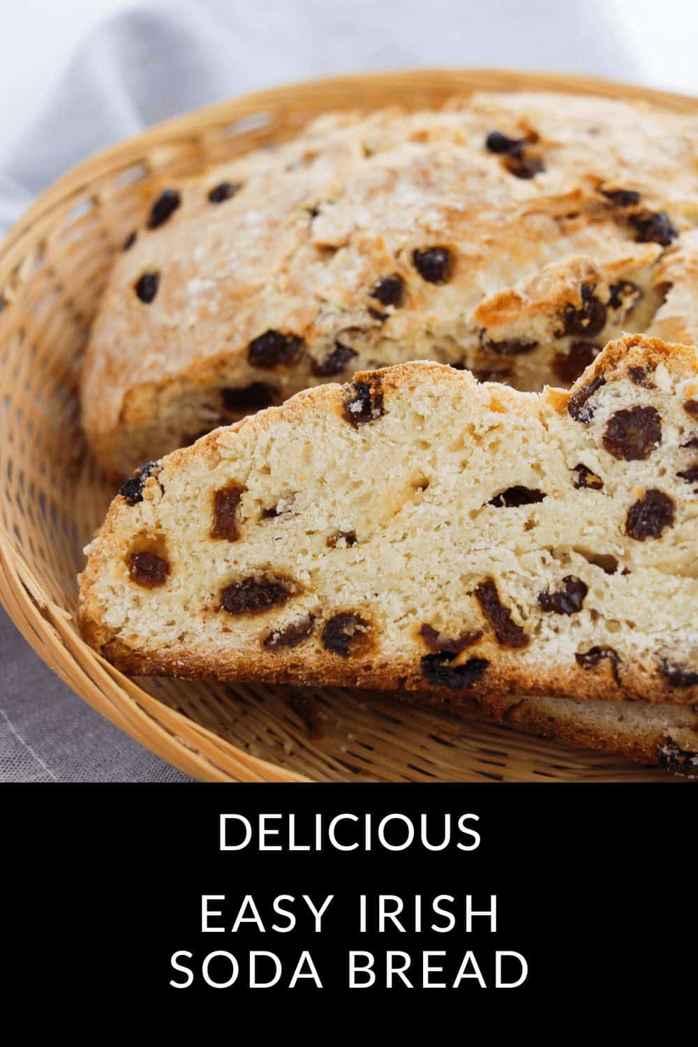 A close-up shot captures the rustic charm of Easy Irish Soda Bread, its golden crust inviting and perfectly baked, showcasing every crumb and texture in mouthwatering detail.