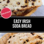Close-up of sliced Irish soda bread with raisins nestled in a wicker basket. The text boldly states "Easy Irish Soda Bread," paired with a "Delicious" label, tempting taste buds.