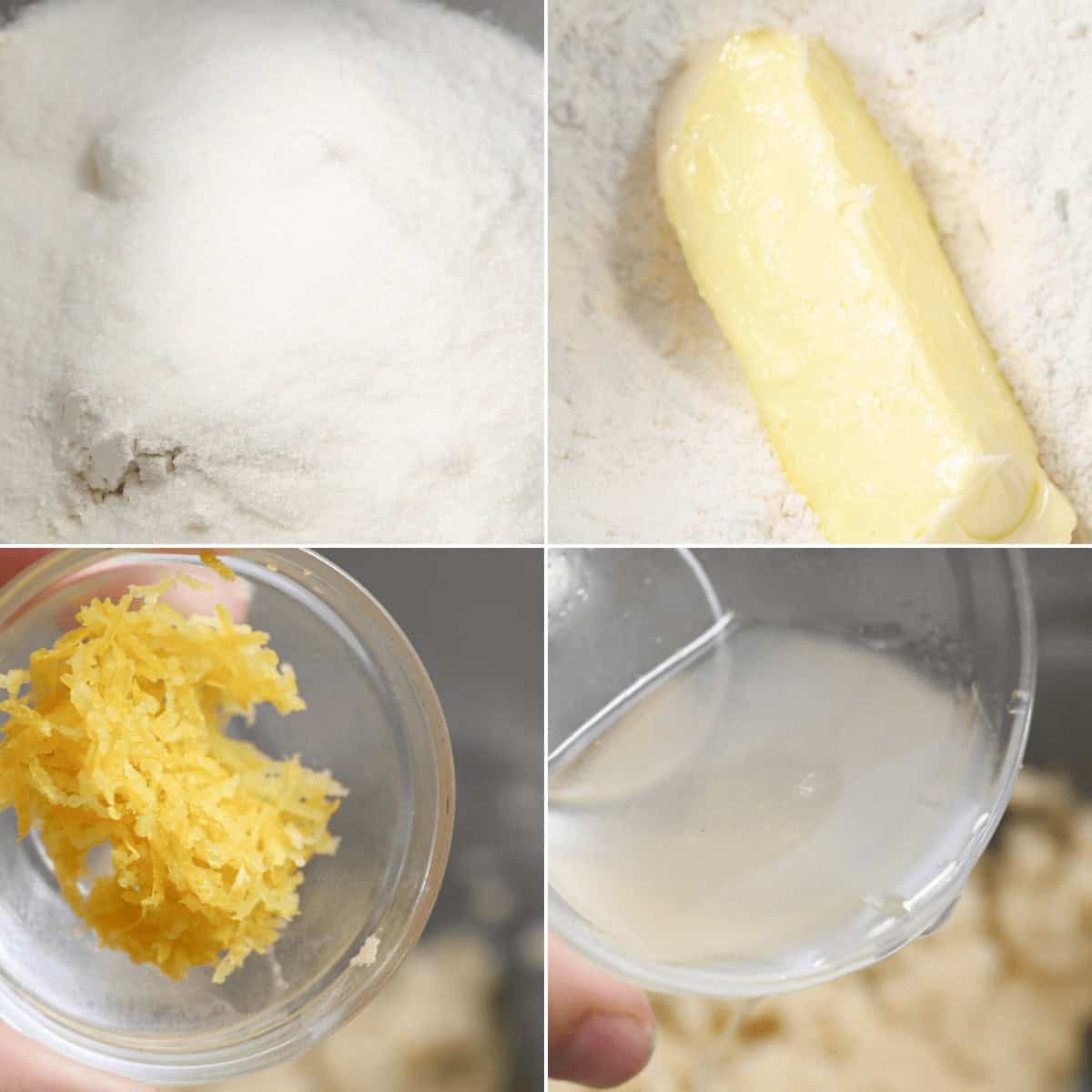 Four-part image: dry ingredients, butter on flour, vibrant lemon zest in a small dish, and a hand holding lemon juice in a cup—perfect steps to create zesty Lemon Brownies.