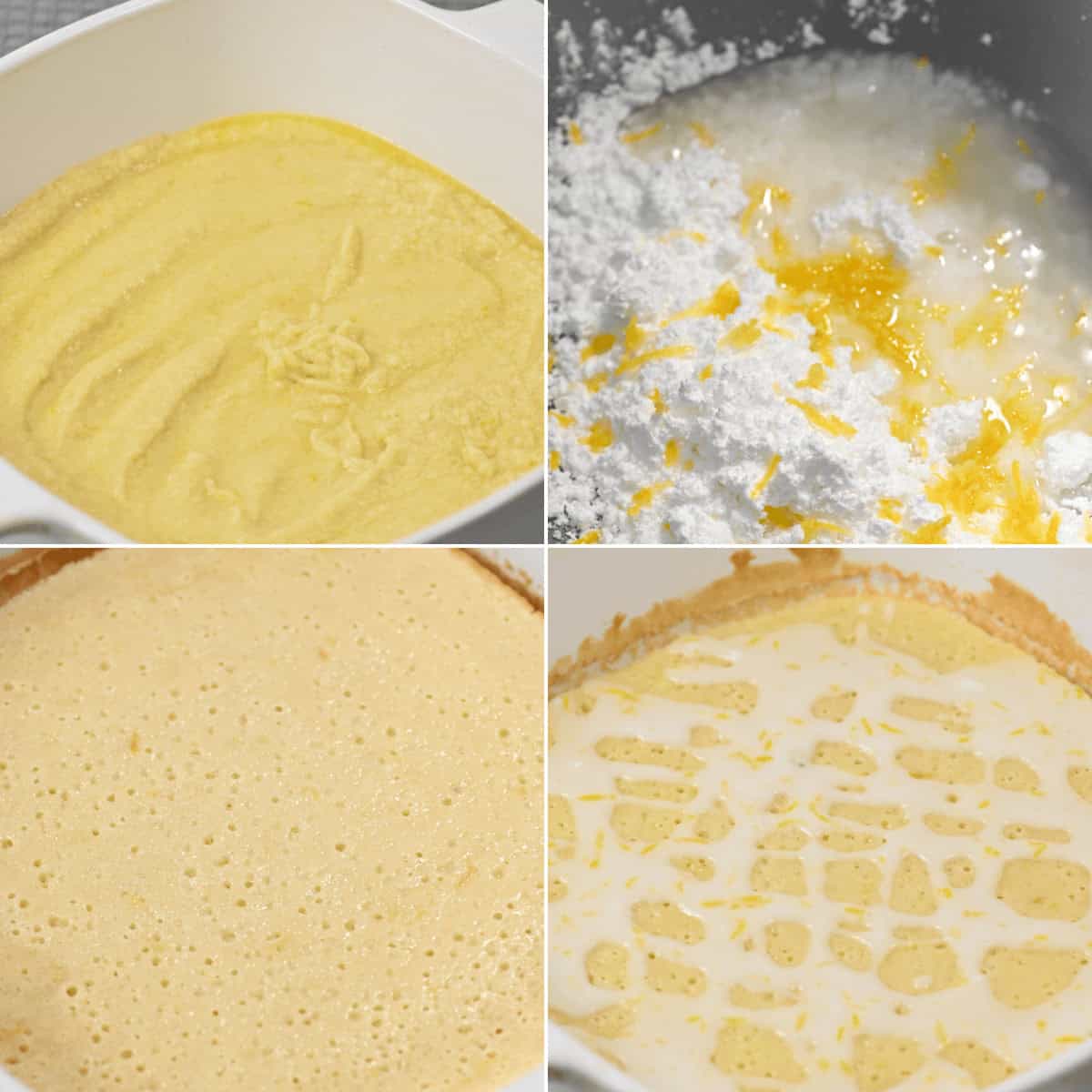 Lemon Brownies four-step baking process collage: mixing lemon-infused batter, adding zesty icing ingredients, baking to golden brown, applying a tangy glaze.