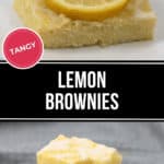 A close-up of delicious lemon brownies graces the white plate, crowned with fresh lemon slices. A striking red circle features the bold word "TANGY", while "LEMON BROWNIES" is prominently displayed against a sleek split black-and-white background.