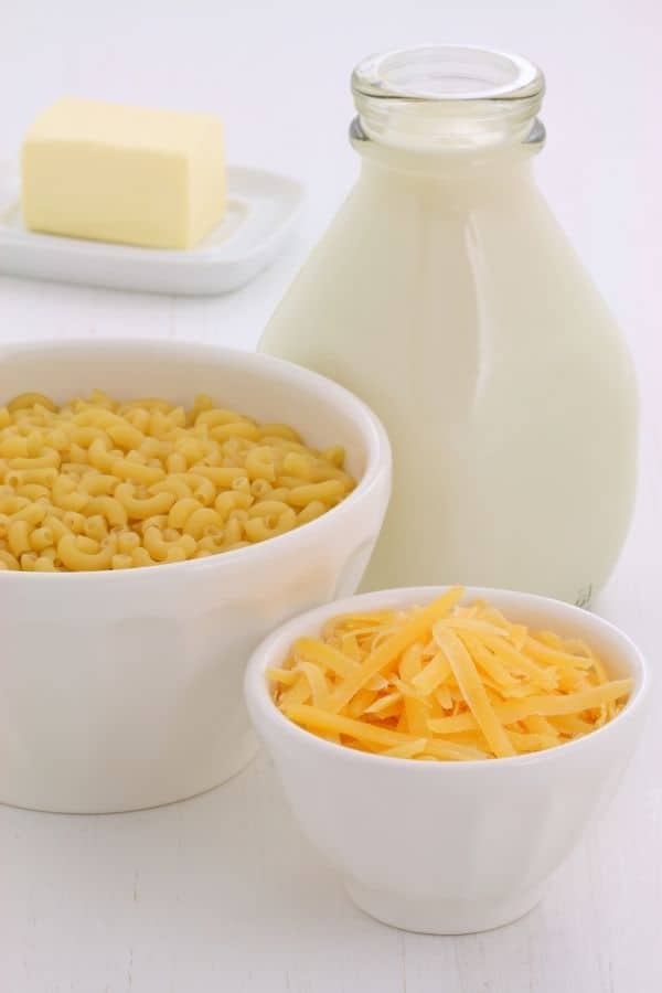 macaroni in a bowl with cheese, milk and butter