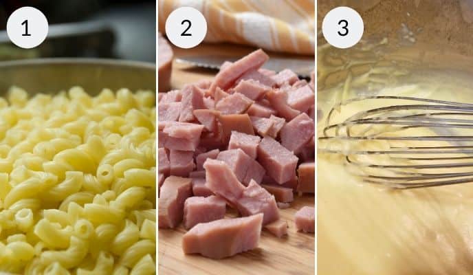Cooked Macaroni, diced ham, and a whisk