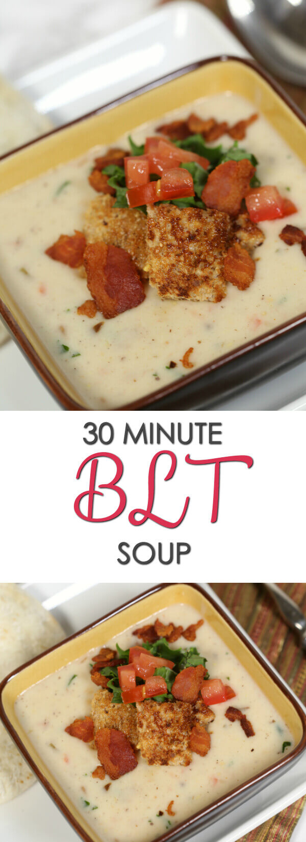 Creamy BLT Soup Recipe in a casserole dish. 