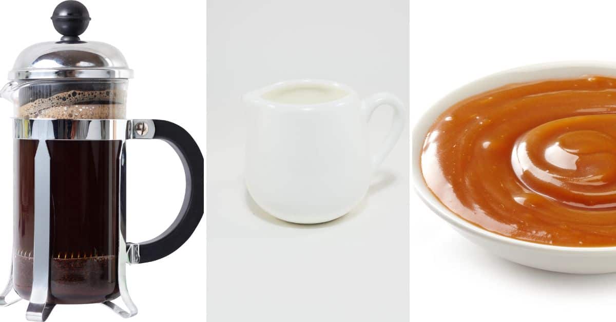 French press with coffee, a small white pitcher, and a bowl of caramel sauce are arranged left to right, inviting thoughts of a delightful drink.