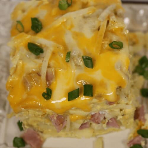 A crock pot breakfast casserole on a plate.