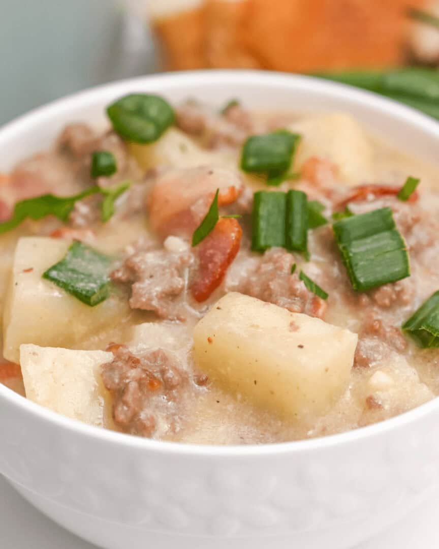 A bowl of hamburger potato soup.