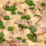 Cheesy ground meat and vegetables topped with green onions.