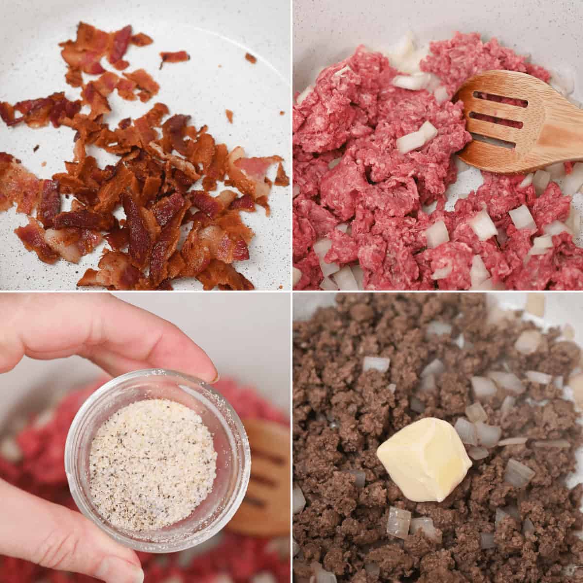 A series of photos showing how to make a hamburger with bacon and onions.