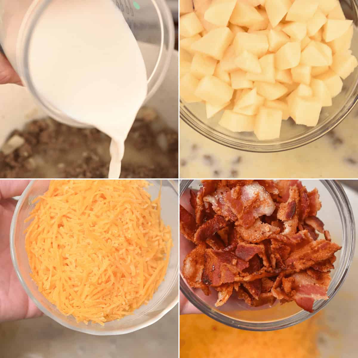 Adding cream, cheese and the bacon to the soup.