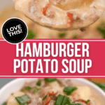 A hearty bowl of hamburger potato soup, served alongside a spoon.