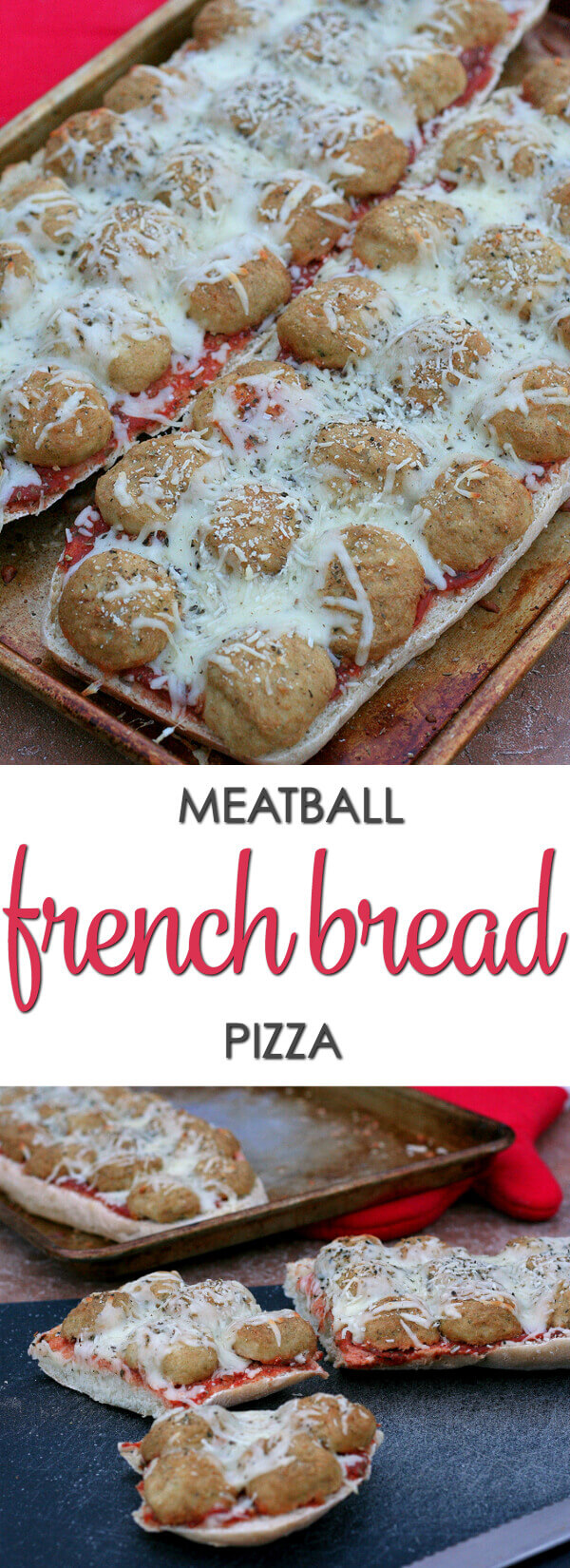 Meatball French Bread Pizza on a colorful plate. 