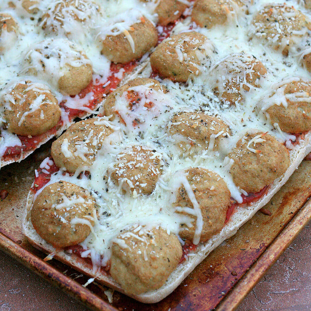 Meatball French Bread Pizza on a colorful plate