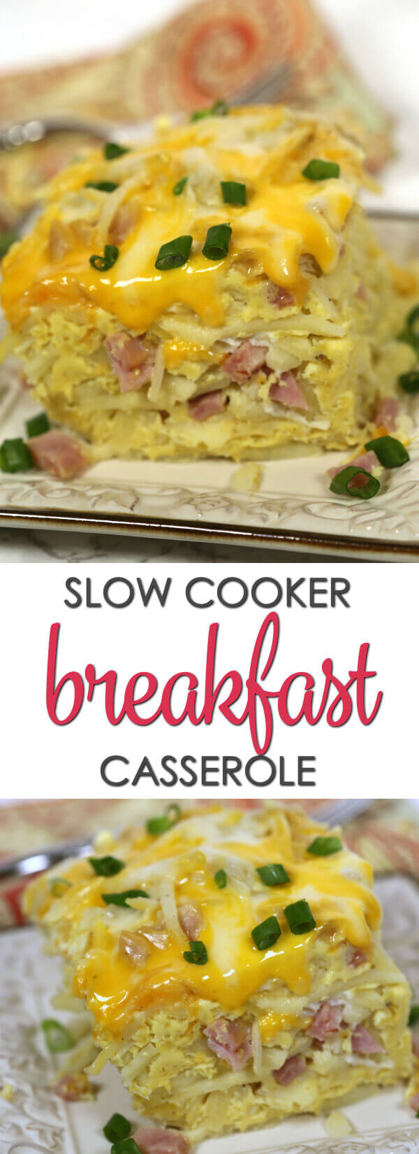 Slow Cooker Breakfast Casserole on a cream plate. 