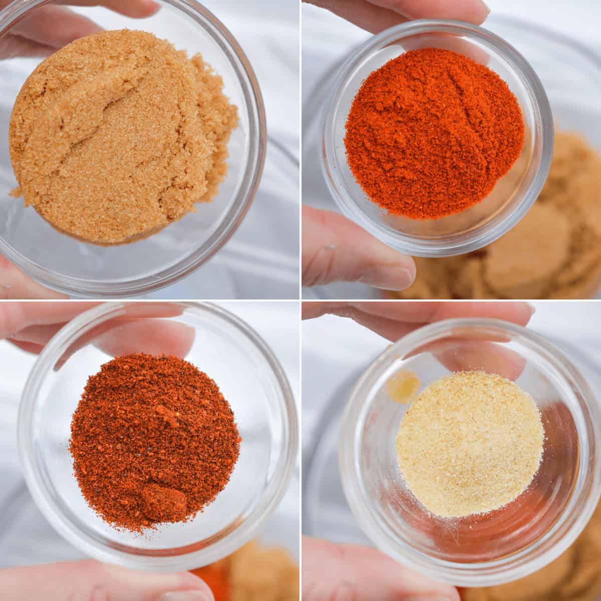 Four pictures of different types of seasonings in a glass bowl for Slow Cooker sticky Korean Beef Ribs.