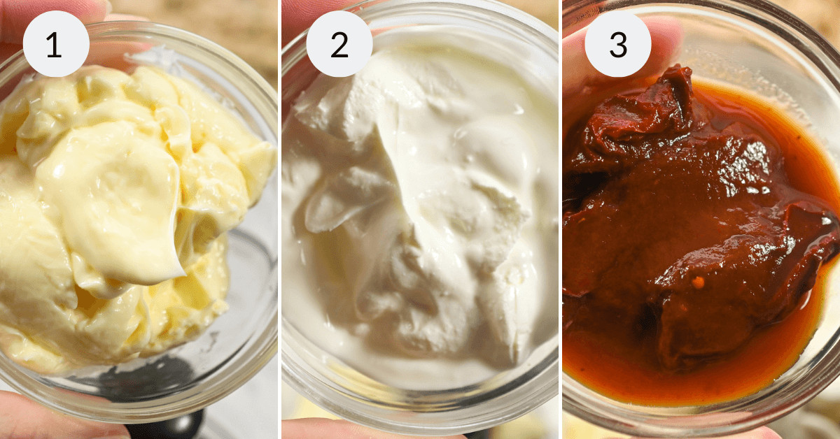 Three jars containing different condiments: mayonnaise, sour cream, and chipotle barbecue sauce.