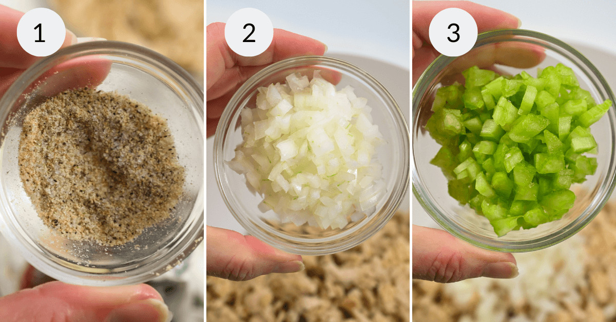 Three separate ingredients prepared for cooking: 1) ground spices, 2) chopped onions, 3) diced chipotle chicken.