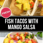 Fish tacos accompanied by mango salsa and chipotle chicken salad.