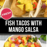 Fish tacos accompanied by mango salsa and chipotle chicken salad.