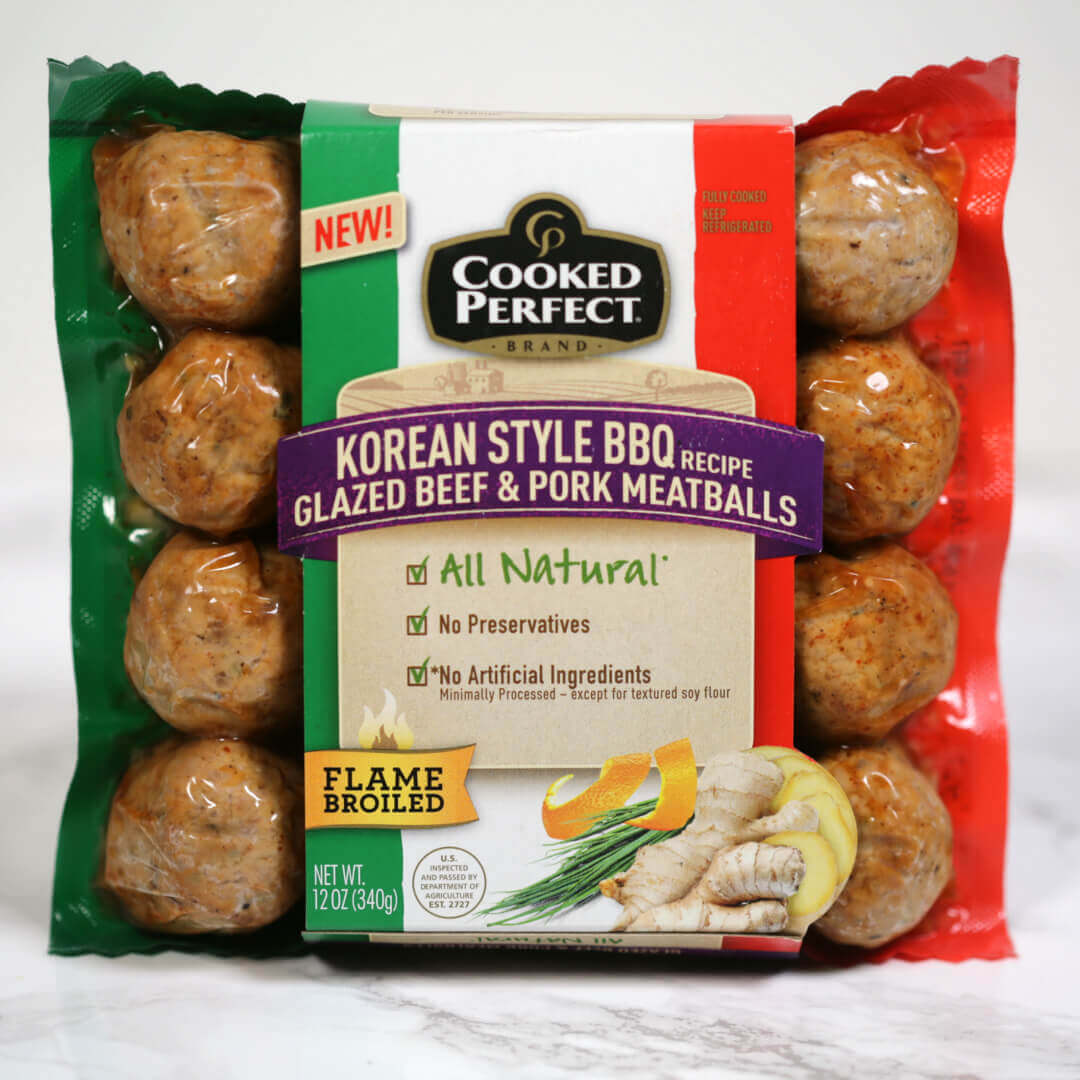 "Cooked Perfect" Korean Meatball in a red white and green package. 