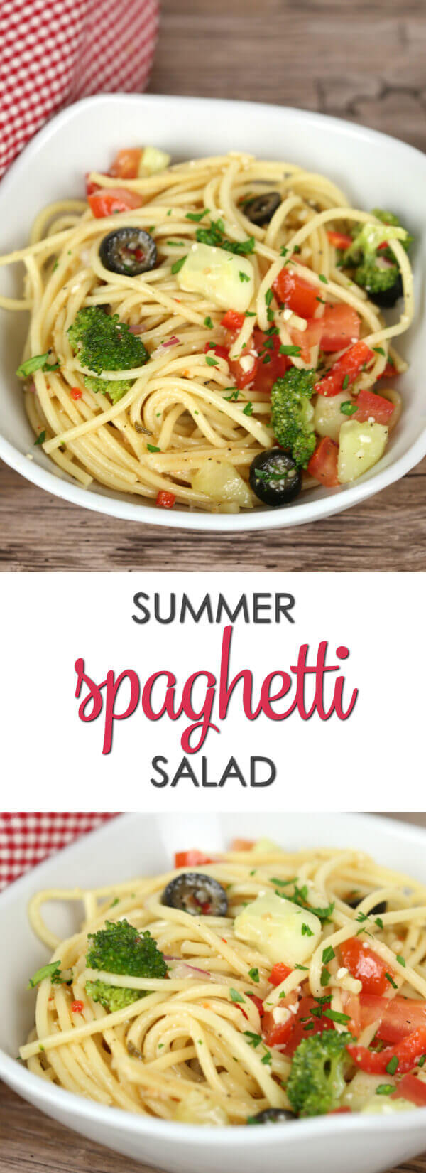 Summer Spaghetti Salad recipe - This easy side dish is full of veggies and flavor. It's one of my go-to cookout recipes and gets devoured in minutes.