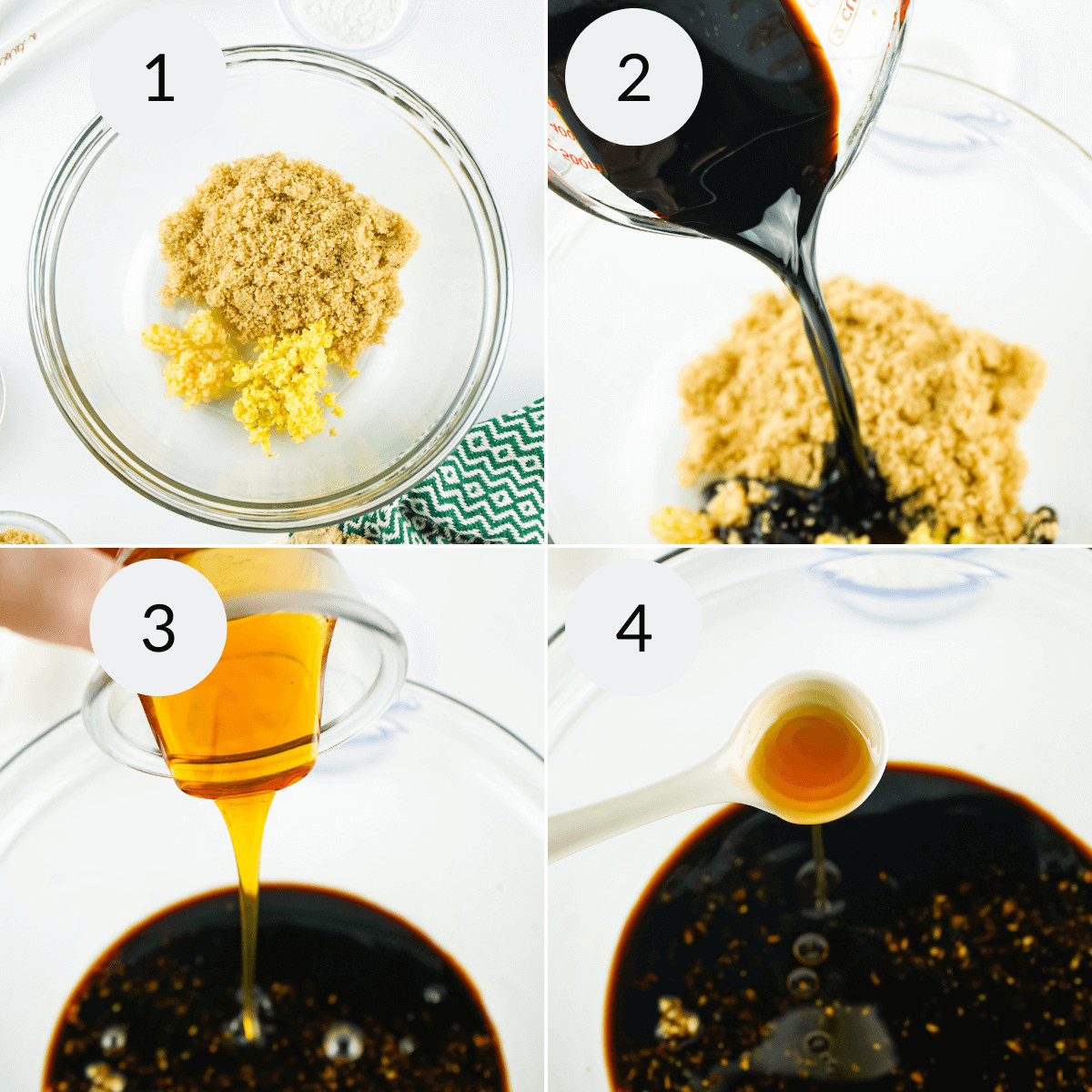 Step-by-step images showing ingredients being added to a bowl for Honey Teriyaki Sauce: 1) brown sugar and lemon zest, 2) pouring molasses, 3) adding honey,