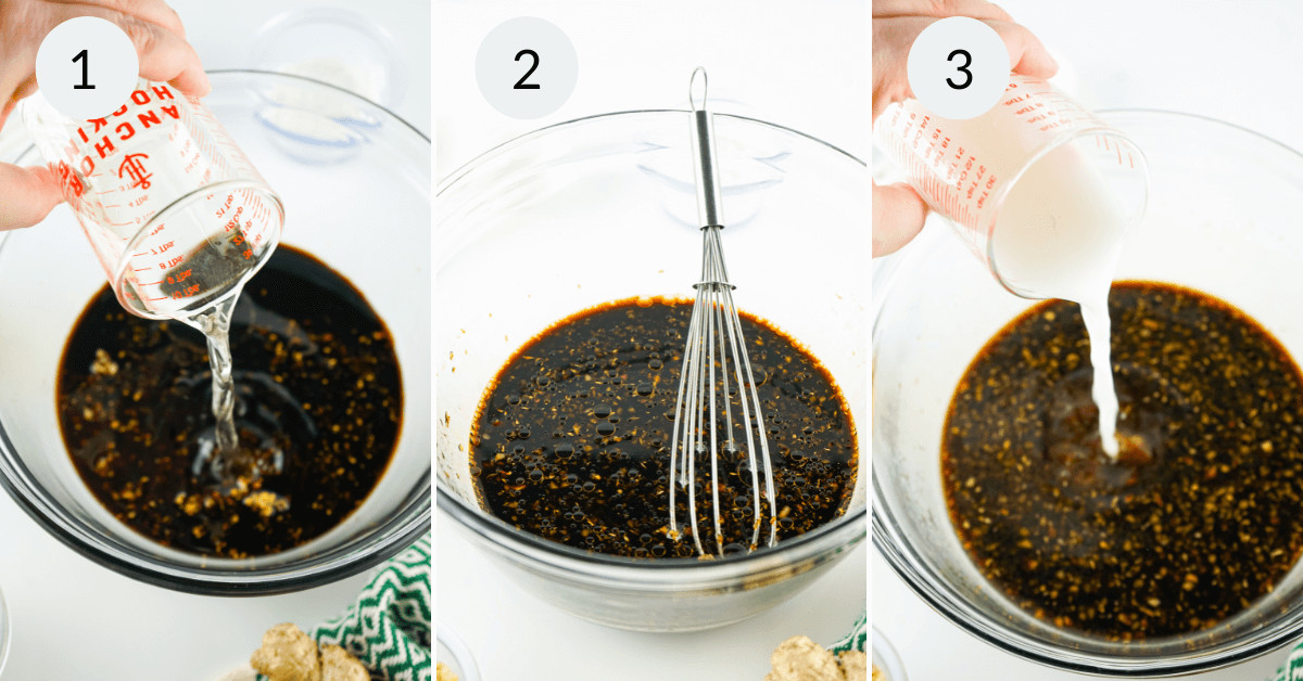 Three-step sequence showing the preparation of a Honey Teriyaki Sauce: pouring liquid into a bowl, whisking ingredients, and adding more liquid from a measuring cup.